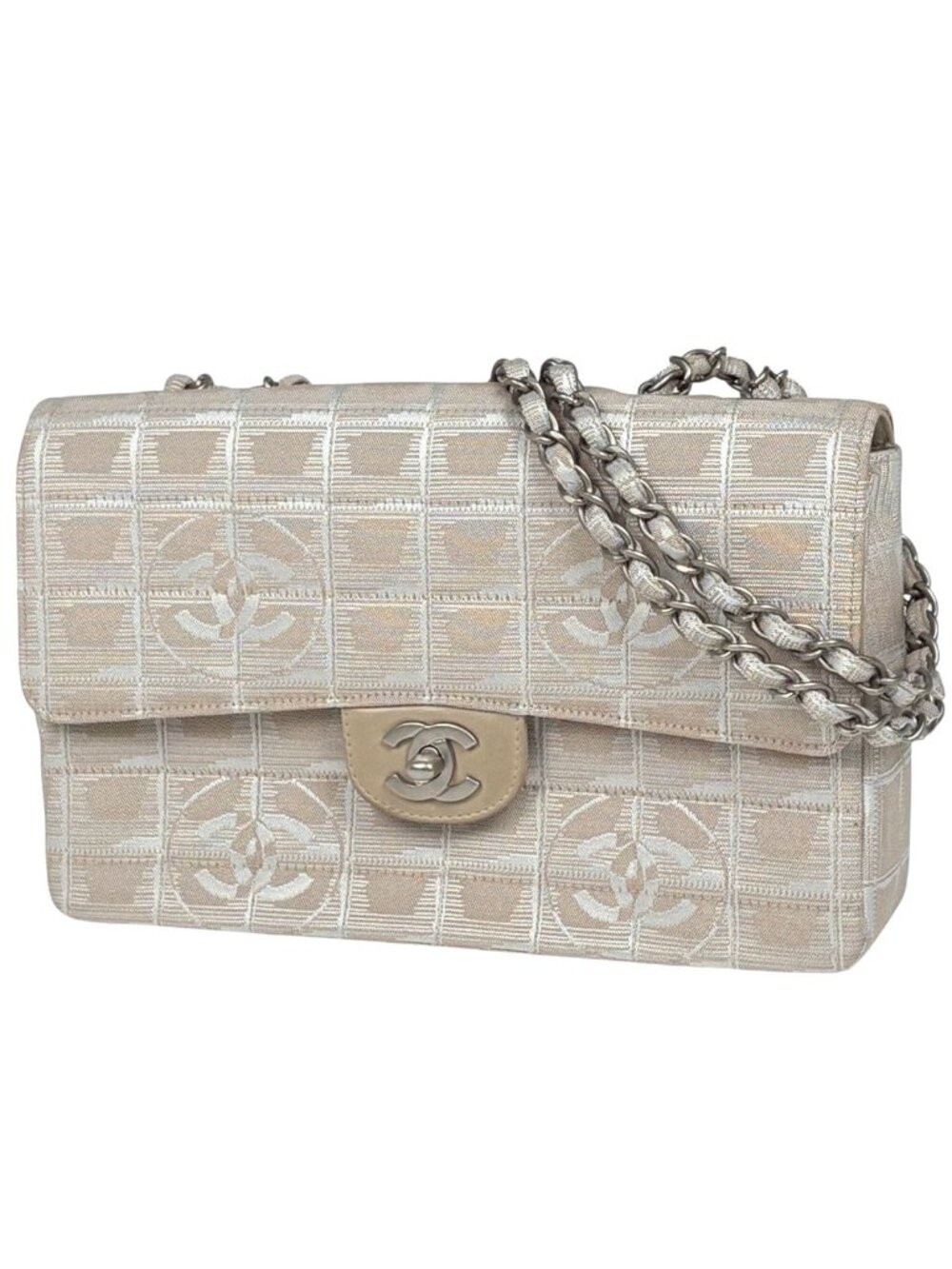 Chanel Shoulder Bag New Travel Line CC Logo Chain Nylon Jacquard Beige